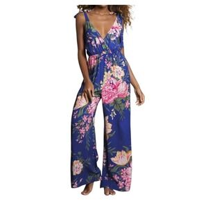 Maaji Kennedy Floralia Blue Floral Jumpsuit V Neck Tie Shoulder Boho Beach Small